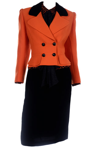 Valentino Vintage Orange & Black Jacket Silk Blouse & Velvet Skirt Suit