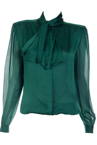 1990s Valentino Couture Green Silk Bow Blouse w Sheer Sleeves Valentino Garavani
