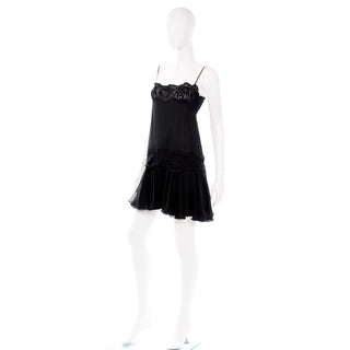 Vintage 1990s Valentino Black Silk Dress With Lace Trim