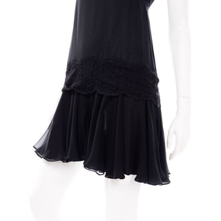 Vintage 1990s Valentino Black Silk Dress With Lace Flounce hem