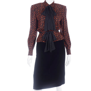 Valentino Vintage Orange & Black Jacket Silk Bow Blouse & Velvet Skirt Suit