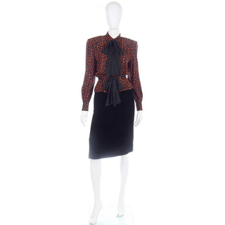 Valentino Vintage Orange & Black Jacket Silk Print Blouse & Velvet Skirt Suit