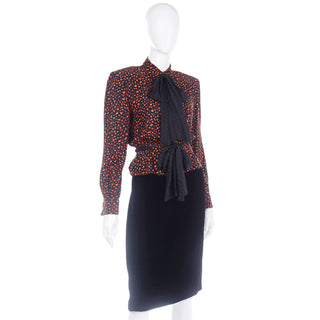 Valentino Vintage Orange & Black Jacket Silk Blouse with bows & Velvet Skirt Suit