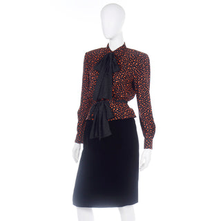 Valentino Vintage Orange & Black Jacket Silk Blouse & Velvet Skirt Suit with 2 sashes