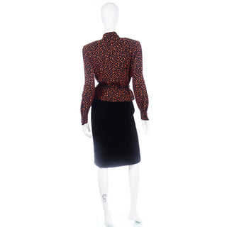 Valentino Vintage Orange & Black Jacket Silk abstract bow Blouse & Velvet Skirt Suit