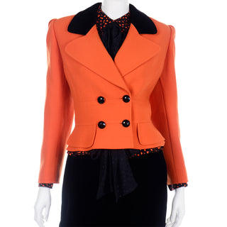 Valentino Vintage Orange & Black Jacket Silk Blouse & Velvet Skirt Suit Double Breasted