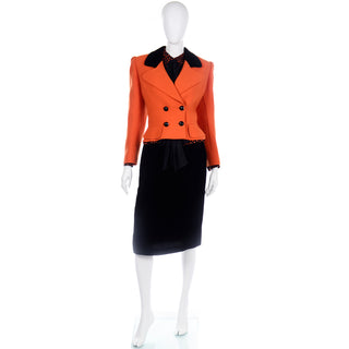Valentino Vintage Orange & Black Jacket Silk Blouse & Velvet Skirt Suit Miss V