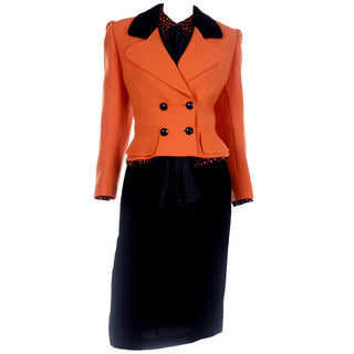 Valentino Vintage Orange & Black Jacket Silk Blouse & Black Velvet Skirt Suit 
