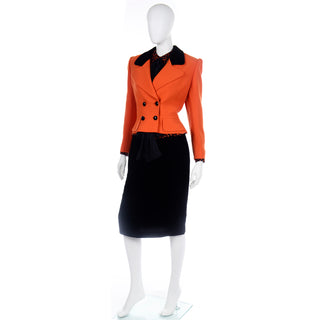 Valentino Vintage Orange & Black Jacket Silk Blouse & Velvet Skirt Suit  With bows