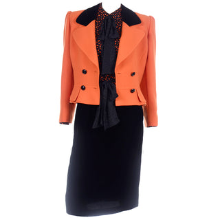 Valentino Vintage Orange & Black Jacket Silk Blouse & Velvet Skirt Suit Polka Dot Bows