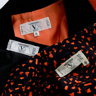 Valentino Vintage Orange & Black Jacket Silk Blouse & Velvet Skirt Suit Italy