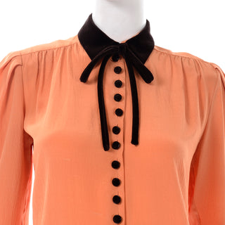 Orange Silk Valentino Vintage Blouse with Brown Velvet Trim and Tie