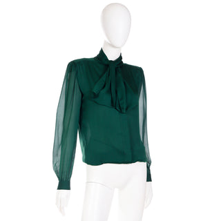 1990s Valentino Couture Green Silk Bow Blouse w Sheer Sleeves M