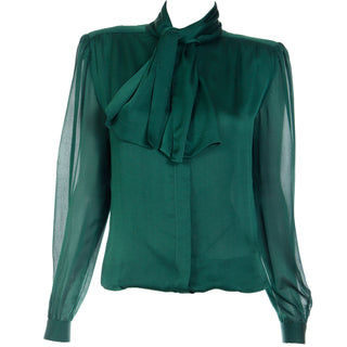 1990s Valentino Couture Green Silk Bow Blouse w Sheer Sleeves Size Medium Italy