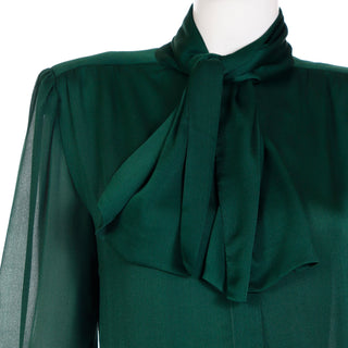 1990s Valentino Couture Green Silk Bow Blouse w Sheer Sleeves  Italy