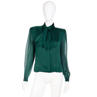 1990s Valentino Couture Green Silk Bow Blouse w Sheer Sleeves
