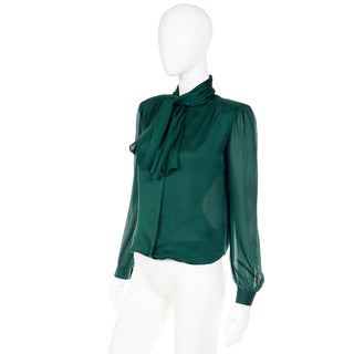 1990s Valentino Couture Green Silk Bow Blouse w Sheer Sleeves Sz M
