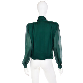 1990s Valentino Couture Green Silk Bow Blouse w Sheer Sleeves Med