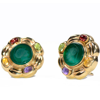 14k Gold Vintage Venetian Intaglio Roman Soldier Pierced Earrings w Gemstones