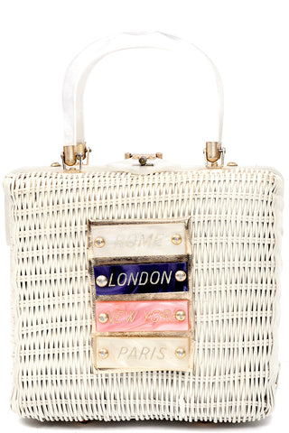 1960s Novelty White Wicker Lucite Vintage Handbag Rome London Paris New York