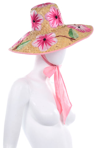Vintage woven straw sun hat pink linen lining Philippines