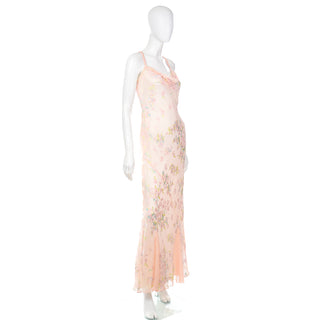 1990s Beaded Pink Floral Evening Bias Cut Slip Dress w Handkerchief Hem Gown