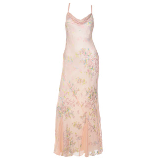 1990s Beaded Pink Floral Evening Bias Cut Slip Dress w Handkerchief Hem evening gown