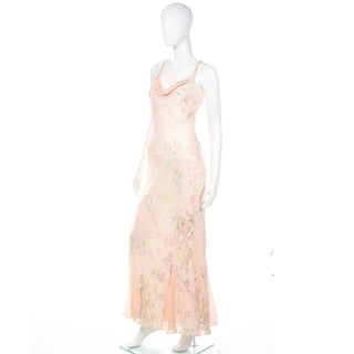 1990s Beaded Pink Floral Evening Bias Cut Vintage Slip Dress w Handkerchief Hem