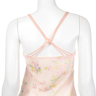 1990s Beaded Pink Floral Evening Bias Cut Slip Dress w Handkerchief Hem triple straps