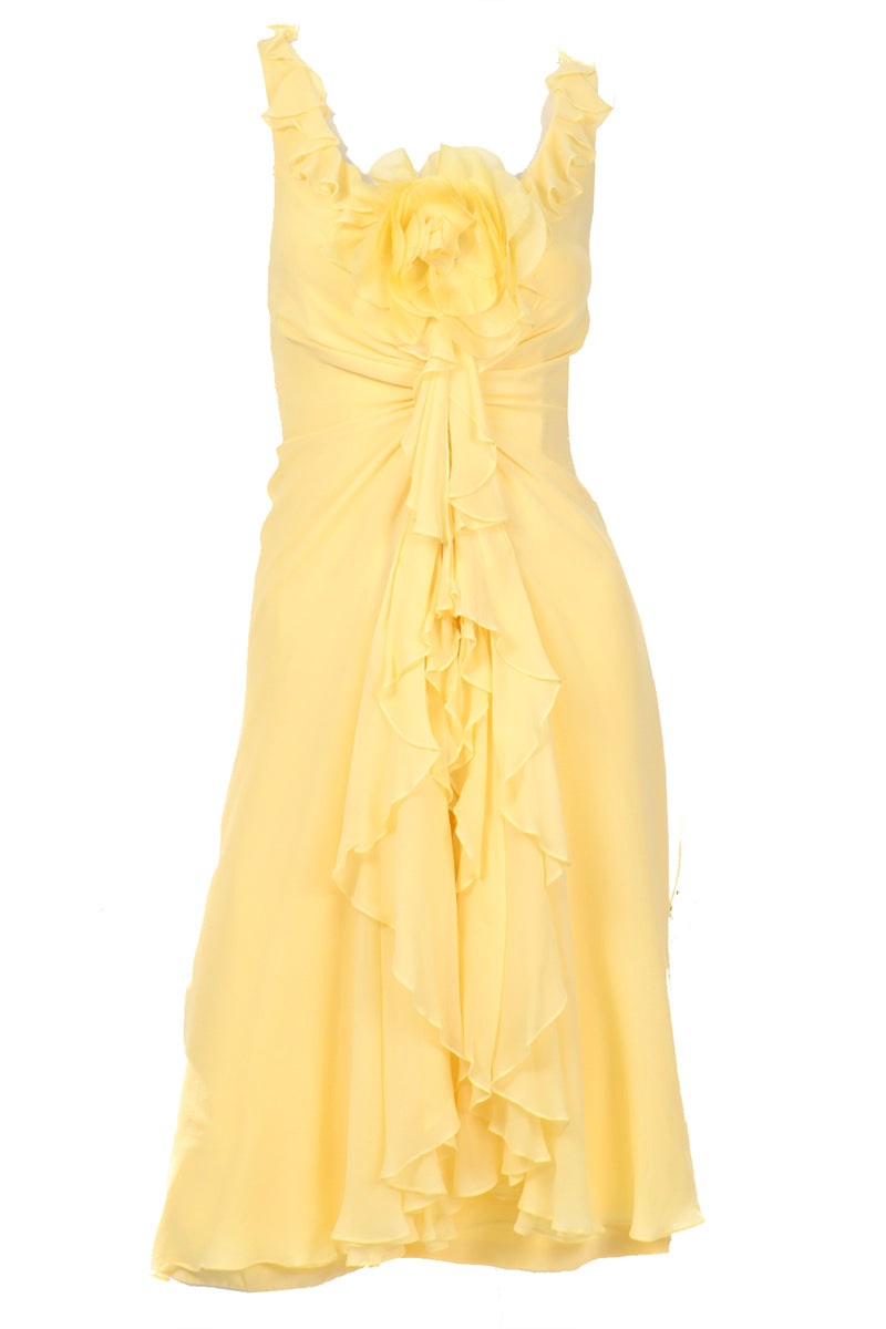 2000s Vintage Y2K Yellow Silk Chiffon Dress W Ruffles & Flower 2000s Vintage Y2K Yellow Silk Chiffon Dress W Ruffles & Flower