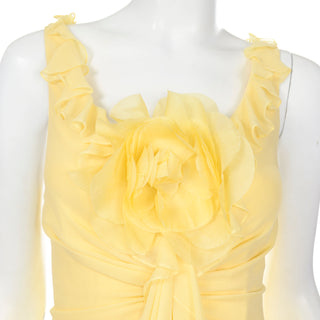 2000s Vintage Y2K Yellow Silk Chiffon Dress W Ruffles & Flower day or evening dress