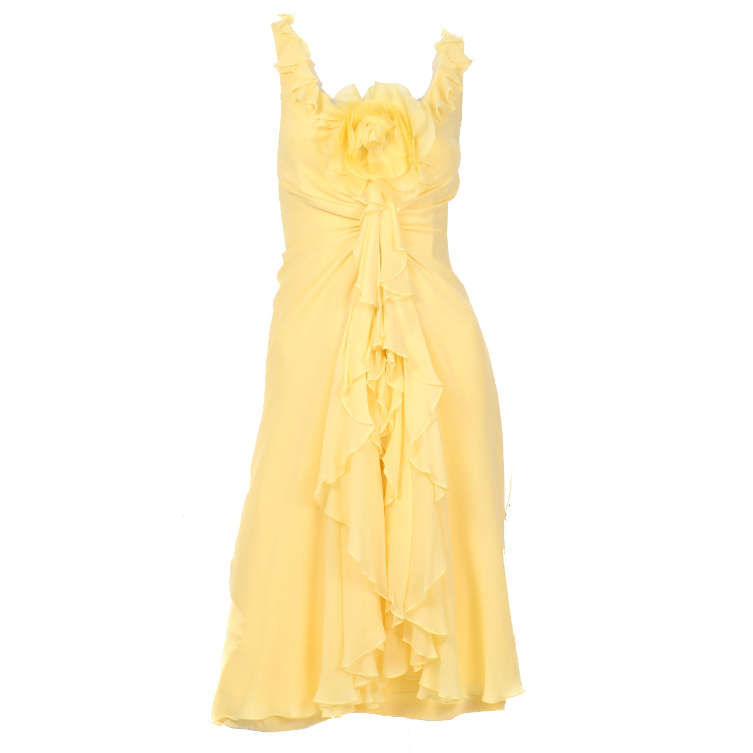 2000s Vintage Y2K Yellow Silk Chiffon Dress W Ruffles & Flower