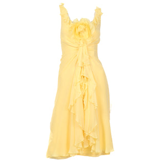 2000s Vintage Y2K Yellow Silk Chiffon Dress W Ruffles & Flower