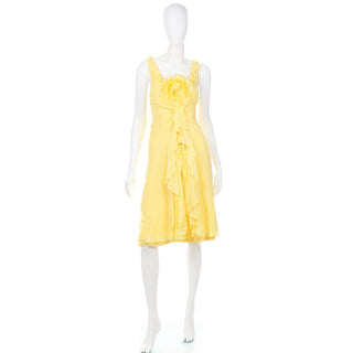 2000s Vintage Y2K Yellow Silk Chiffon Dress W Ruffles & Flower Melinda Eng