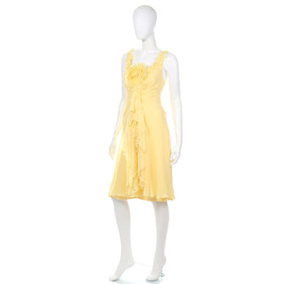 2000s Vintage Y2K Yellow Silk Chiffon Dress W Ruffles & Flower day or evening