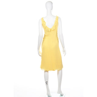2000s Vintage Y2K Yellow Silk Chiffon Dress W Ruffles & Flower drape