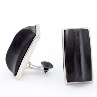 1980s Yves Saint Laurent Black & Silver Rectangular Wood Earrings Clip on