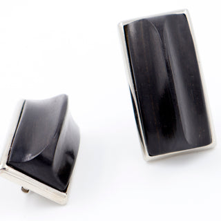 1980s Yves Saint Laurent Black & Silver Rectangular Wood Earrings Clipon