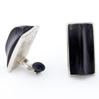 1980s Yves Saint Laurent Black & Silver Rectangular Wood Earrings Modig YSL collection