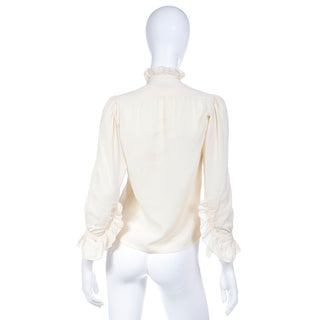 YSL Vintage Cream Blouse with Ruffle Cuffs and High Neck