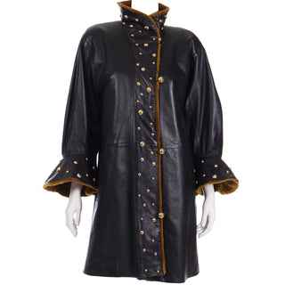 Yves Saint Laurent Vintage Black Leather Coat W Gold Studs & Sheared Fur Fourrures YSL 