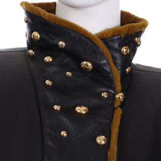 Yves Saint Laurent Vintage Black Leather Coat W Gold Studs & Sheared Fur Rare