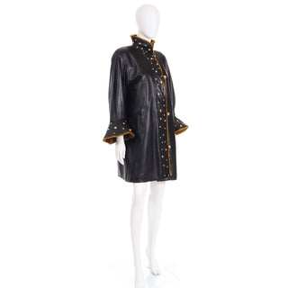 Yves Saint Laurent Vintage Black Leather Coat W Gold Studs & Sheared Fur Size M