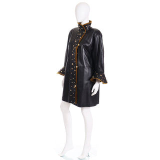 Yves Saint Laurent Vintage Black Leather Coat W Ball Buttons Gold Studs & Sheared Fur