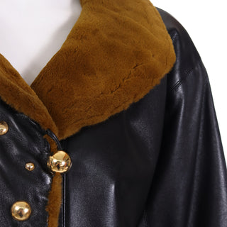 Yves Saint Laurent Vintage YSL Black Leather Coat W Gold Studs & Sheared Fur