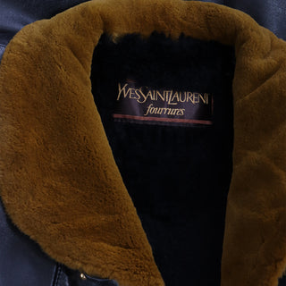 Yves Saint Laurent Vintage Black Leather Fourrures YSL Coat W Gold Studs & Sheared Fur