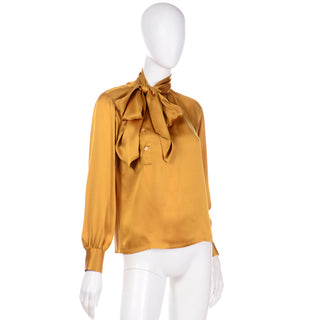 1980s Yves Saint Laurent Gold Silk Charmeuse Blouse With Sash Bow YSL Shirt