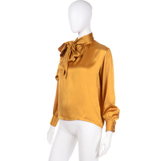 1980s Yves Saint Laurent Gold Silk Charmeuse Blouse With Sash Bow YSL Top