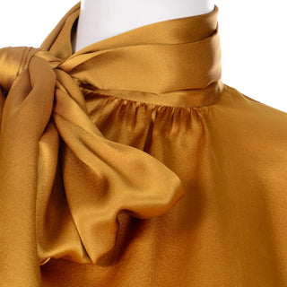 1980s Yves Saint Laurent Gold Silk Charmeuse Blouse With Sash Bow pretty gathers