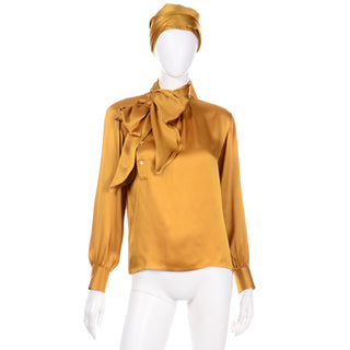 1980s Yves Saint Laurent Gold Silk Charmeuse Blouse With Sash Bow Made in France